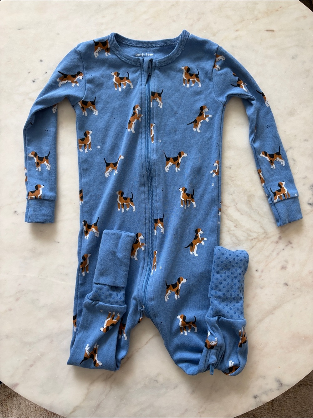 Petit Lem Blue Puppy Print Zip Footed One-Piece